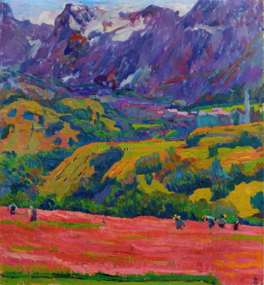 Giovanni Giacometti, Frühling im Bergell (1912): leuchtende Felder vor violetten Bergen