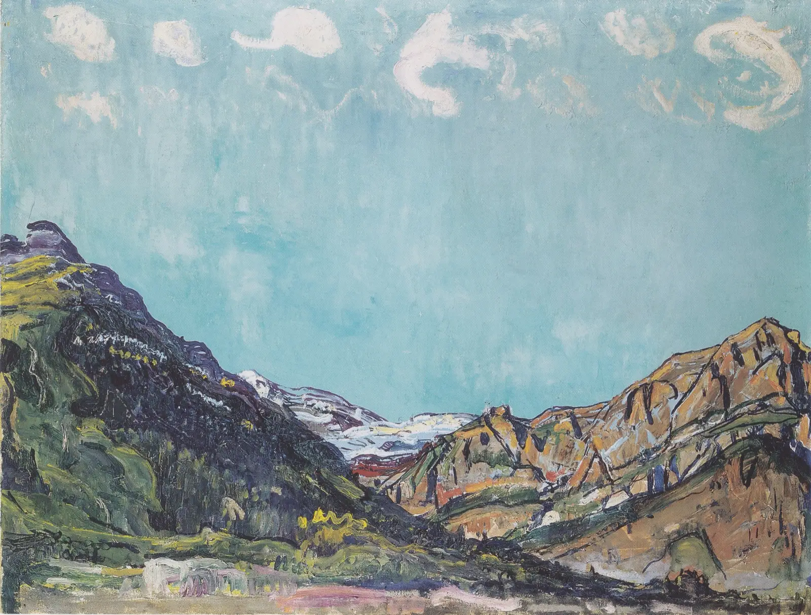 Ferdinand Hodler, Landschaft bei Champéry (um 1913): Bergtal unter hellblauem Himmel mit weissen Wolken