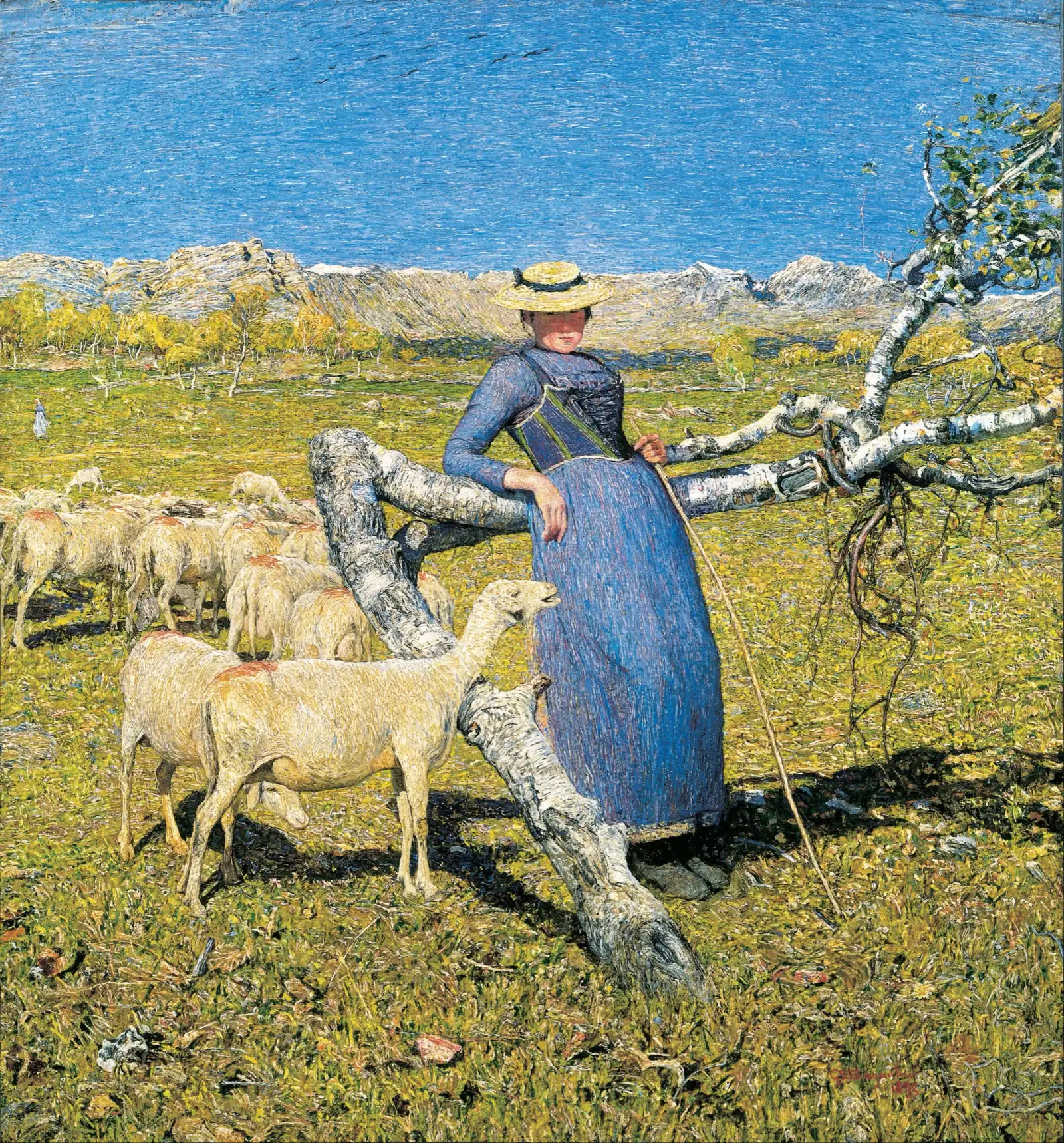Giovanni Segantini, Mittag in den Alpen (1892): Hirtin mit Strohhut und Schafen auf einer Alpweide unter tiefblauem Himmel